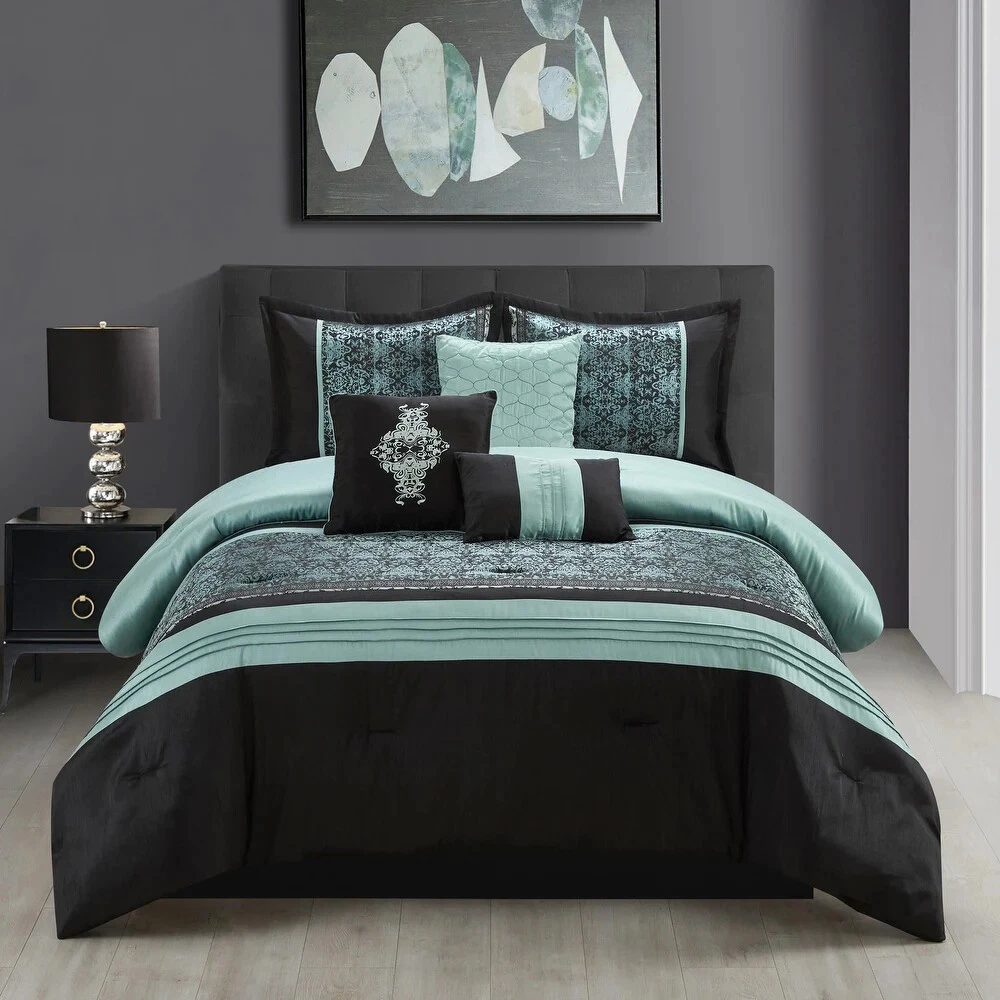 Charley 7 Piece Comforter Set, Aqua/Black, Damask Queen