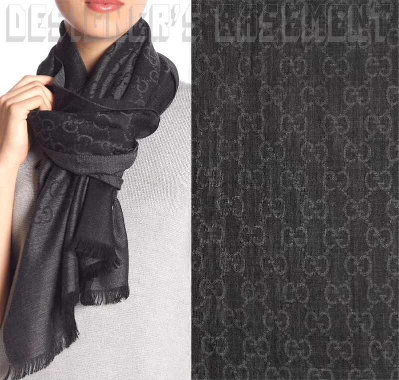 Foulard pashmina châle GUCCI anthracite et gris GGNAT laine et soie 18