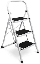3 Step Ladder Foldable Steel Stool with Wide Anti-Slip Pedals Convenient White