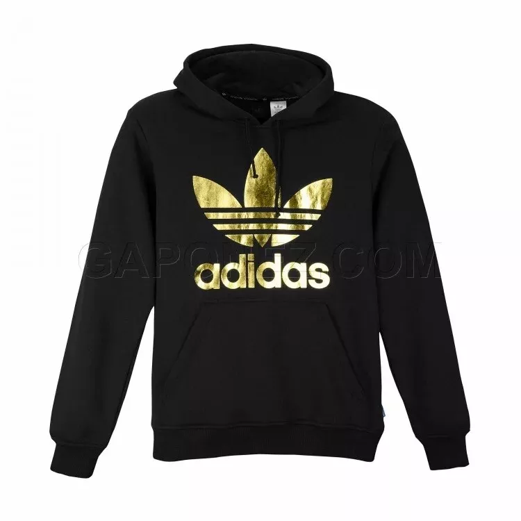 visual Confinar pub VTG Adidas Trefoil Black Metallic Gold Logo Distressed Faded Hoodie Medium  | eBay