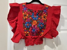 Blusa Mujer Mangas Mariposa Frida Mexicana ROJO MEDIO PUNTA DE CRUZ