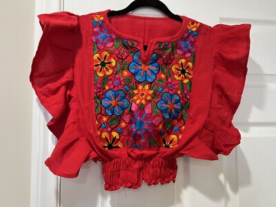 Butterfly Sleeves Women Blouse Frida Mexican MEDIUM RED PUNTA DE CRUZ