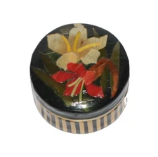 Vtg Wood Trinket Box Straw Marquetry Pillbox Jewelry Holder Flower Inlay Chinese