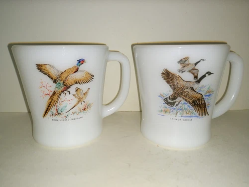 Vtg Fire King Game Bird White Milk Glass Mugs Pheasant & Canada Goose Set of 2