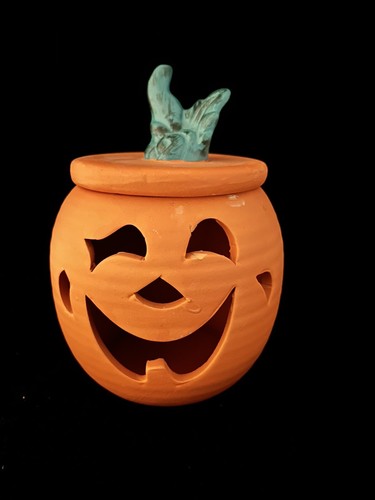 Terrakotta Halloween Jack-O-Laterne Kürbis Kerzenhalter 6 1/4 Zoll hoch NEU - Bild 2 von 3