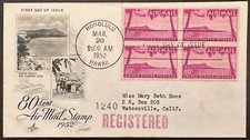 Us C46block Fdc 1952 Registered Unusual Hand Cancel Honolulu D