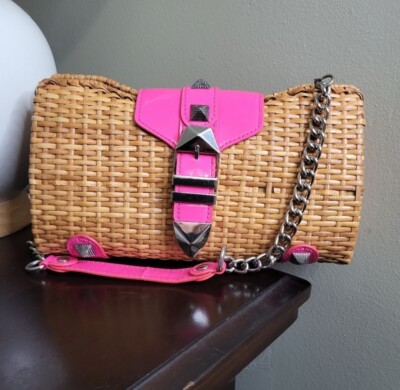 Rebecca Minkoff Woven Straw Shoulder Bag Designer Purse Hot Pink