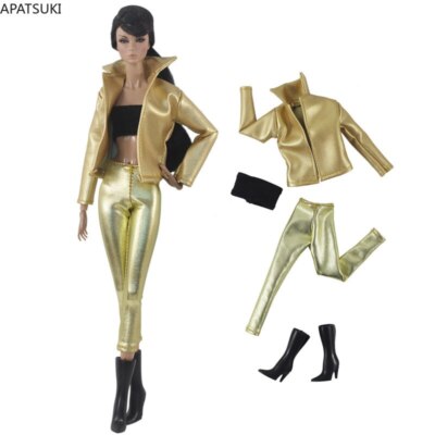 Goldenes Leder Kleidungsset für Barbie Puppe Outfits Jacke Enge Hose Top Stiefel