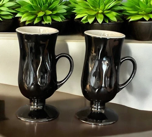 Vintage HALL Pedestal Espresso MugMCM Irish Coffee Black & White Set of 2 #1270