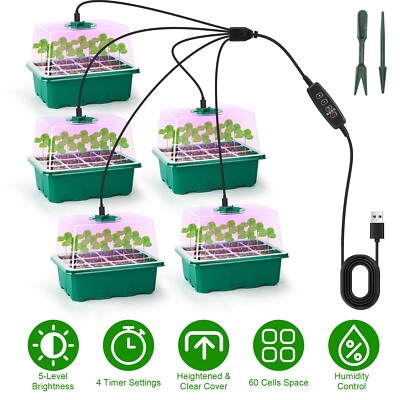 5Pack Seed Starter Tray Humidity Domes with Grow Light Plant Germination Kit