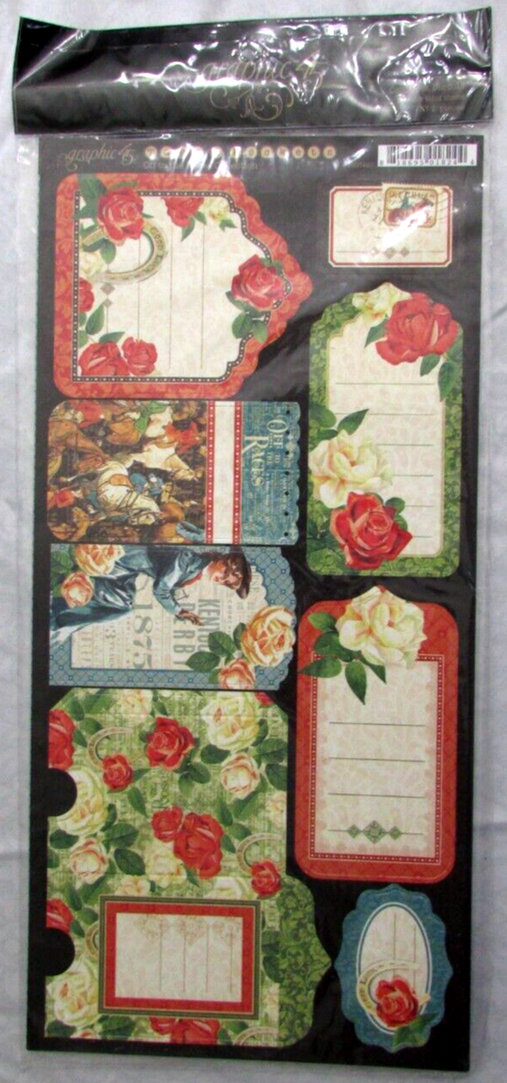 GRAPHIC 45 OFF TO THE RACES CARDSTOCK DIE CUT TAGS & POCKETS SHEET