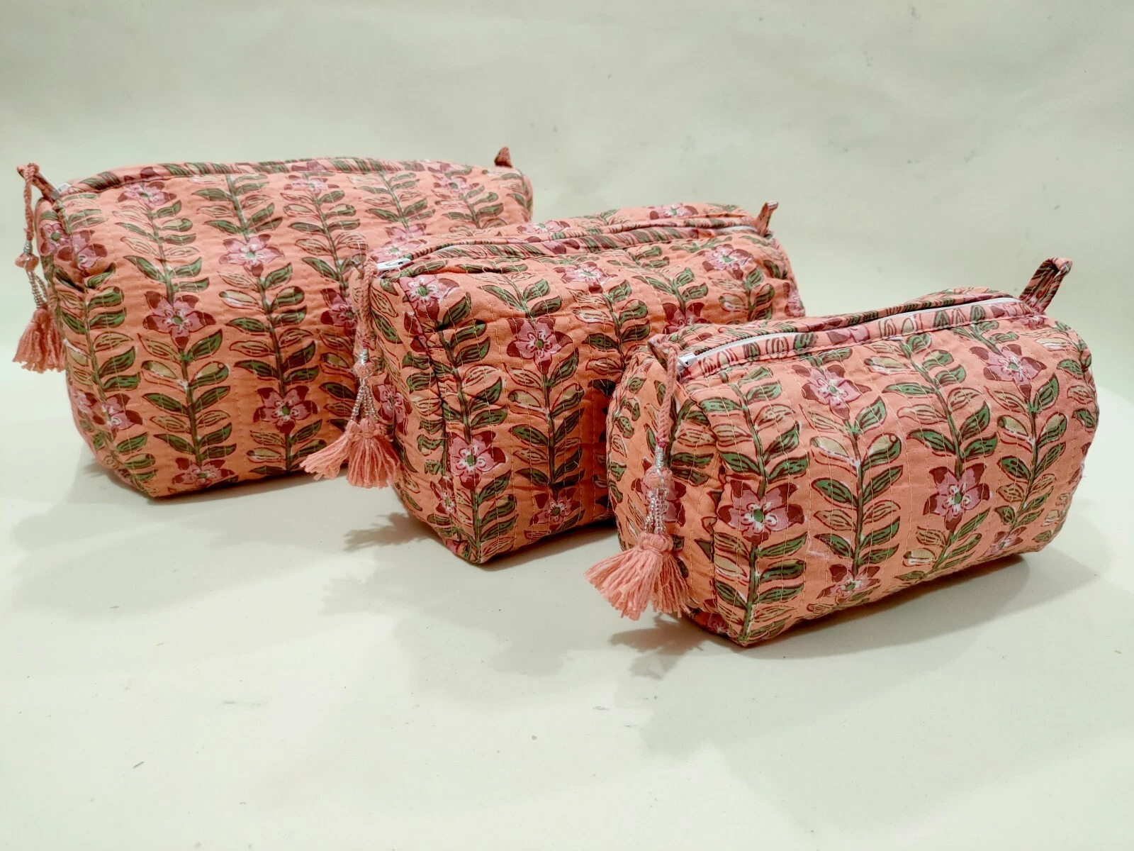 Cotton Quilted Peach Floral Printed Toiletry Purse Cosmetic Storage Bag Of 3 Pc