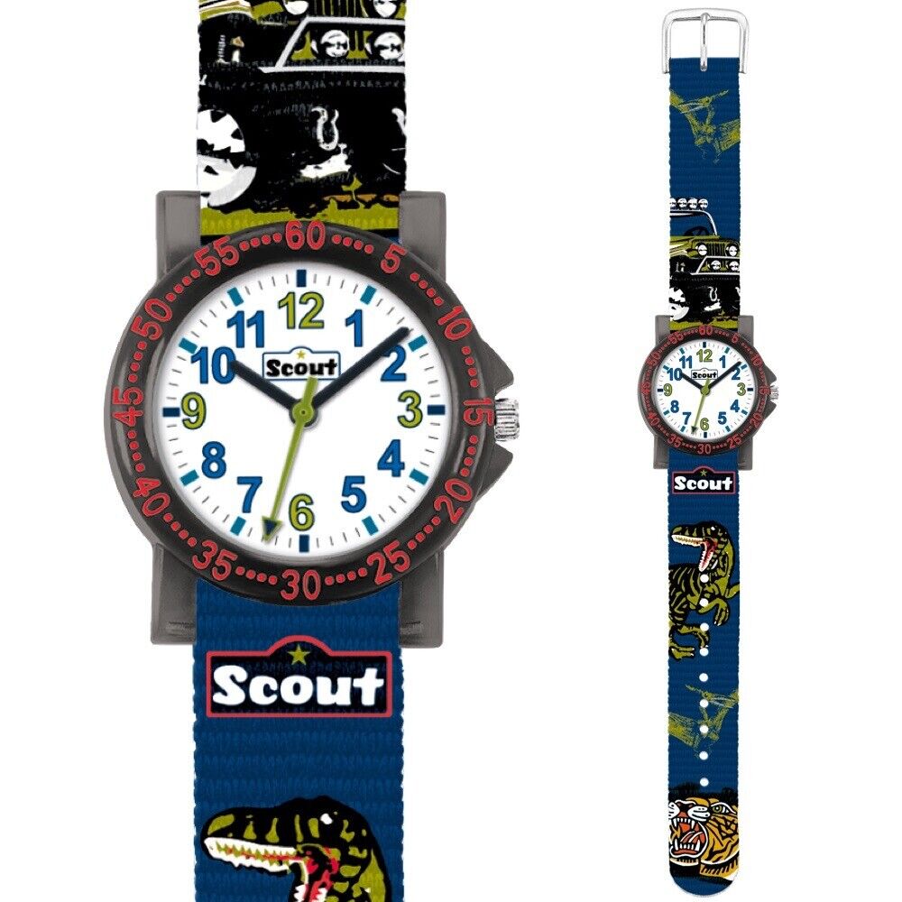 Scout Kinder Armbanduhr 375016 Dino-Motiv Textilband sportlich blau