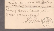 c 1880 postal card S G Hain Youngstown/320 acres of timberland for chime bells