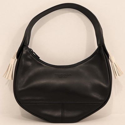 Tosca Blu Italy Black Leather Shoulder Bag Genuine Leather, White Tassel Accents