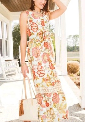 Spartina 449 Lenea Linen Blend Maxi Dress Floral V Neck Size L Resortwear Brunch