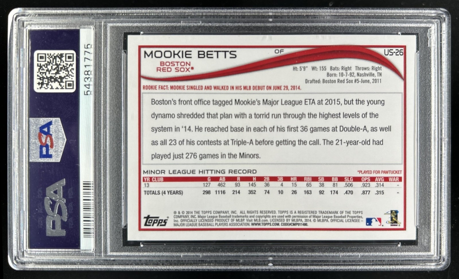 2014 Topps Update Mookie Betts RC Walmart Blue Border #US-26 Red Sox PSA 9 view 2