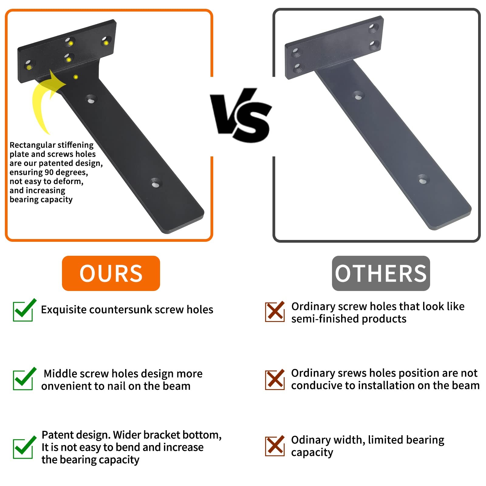 6" Heavy Duty Floating Shelf Brackets, Black Metal L Brackets, 6 Pack