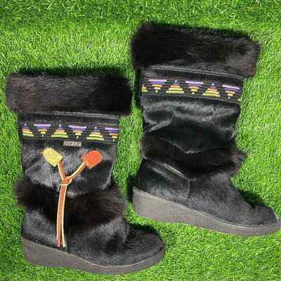 Vtg TECNICA Goat Fur Winter Boots Italy Native Leather Apres Ski EU 37 US 6.5