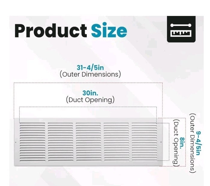 Fits 30x8 Duct Opening | Steel Return Air Grille by Handua | Vent Cover Grill f