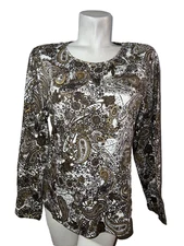 New Charter Club Top Pima Cotton Brown Paisley Print Long Sleeve Pullover Shirt