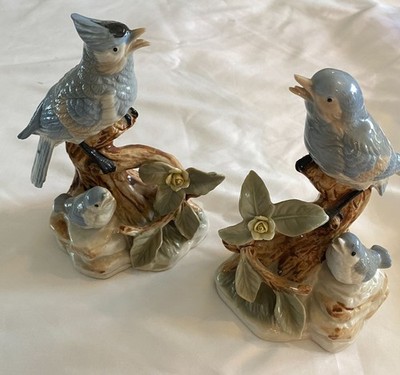 2 Vintage Bluebird & Baby Floral Porcelain Figurines Great Detail Life-Like