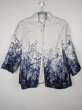 Coldwater Creek Jacket Womens 12 Blue White Linen Button Front Mandarin Collar