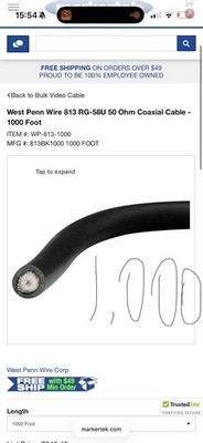 West Penn Wire 813 RG-58U 50 Ohm Coaxial Cable 1000ft/305M Full Roll