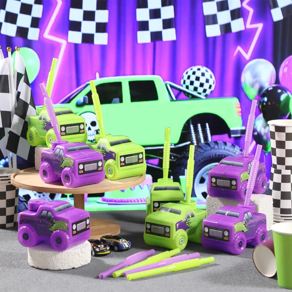 Набор из 24 зеленых и фиолетовых дорожных чашек Monster Truck с соломинками, пластиковый автомобиль... - Изображение 2 из 4