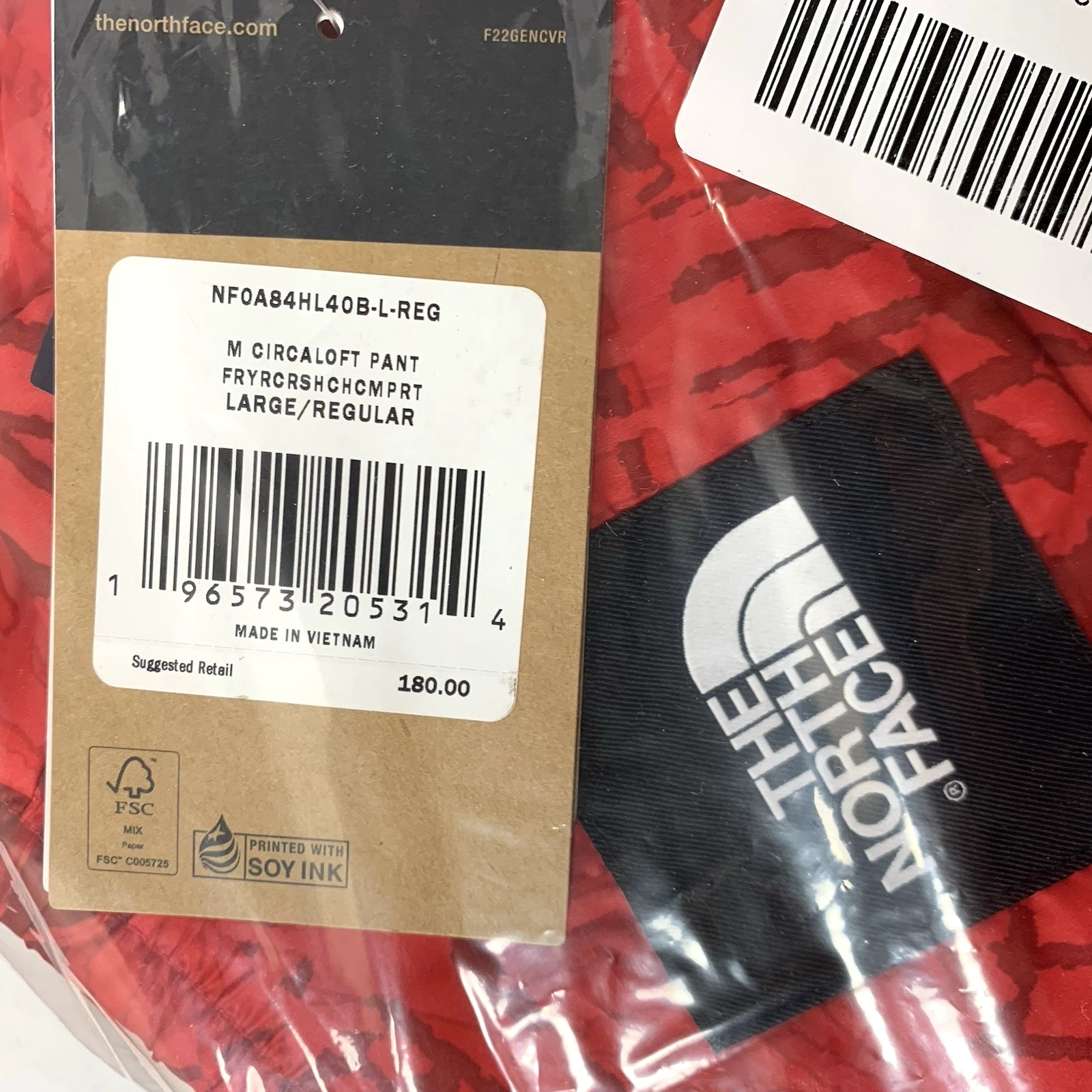 North Face Circaloft Pants Mens L Red Print Insulated Packable Winter NEW w/TAG