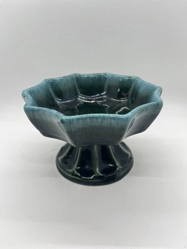 Vintage Hull Pottery F83 Scalloped  Pedestal Compote Green Drip Glaze