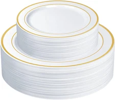 60-Piece Gold Trim Plastic Dinnerware Set – 30 10.25" Dinner & 30 7.5" Salad Pla