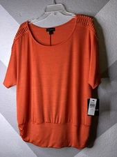 I.N Studio Womens Orange Blouse Tangerine Color Me Crazy Short Sleeve Stretch 1X