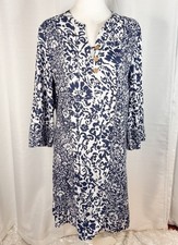 Soft Surroundings Blue White Floral Shift Dress 3/4 Sleeve Split Neck Tunic PL