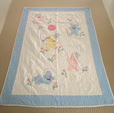 Vintage Handmade Childs Quilt Blanket Embroidered Pieced Animal Throw Crib Bears