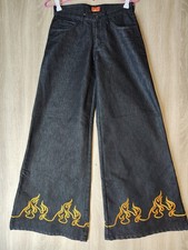 Jean vintage Fishbone Flame brodé jambes larges Y2K grunge baggy noir taille XS