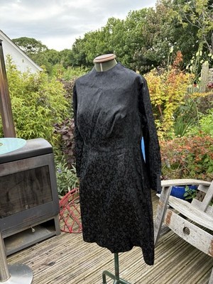 Vintage schwarz Jacquard Gothic Abendkleid UK 14 16 Victorian Revival formell