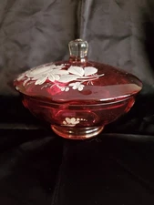 Vtg Cranberry Floral Painted Covered Dish