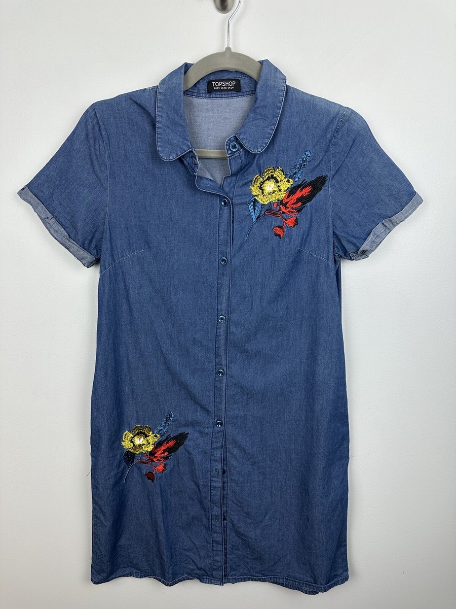 Topshop Dress Womens XS Denim Jeann Shirtdress Button Flowers Embroidered DV
