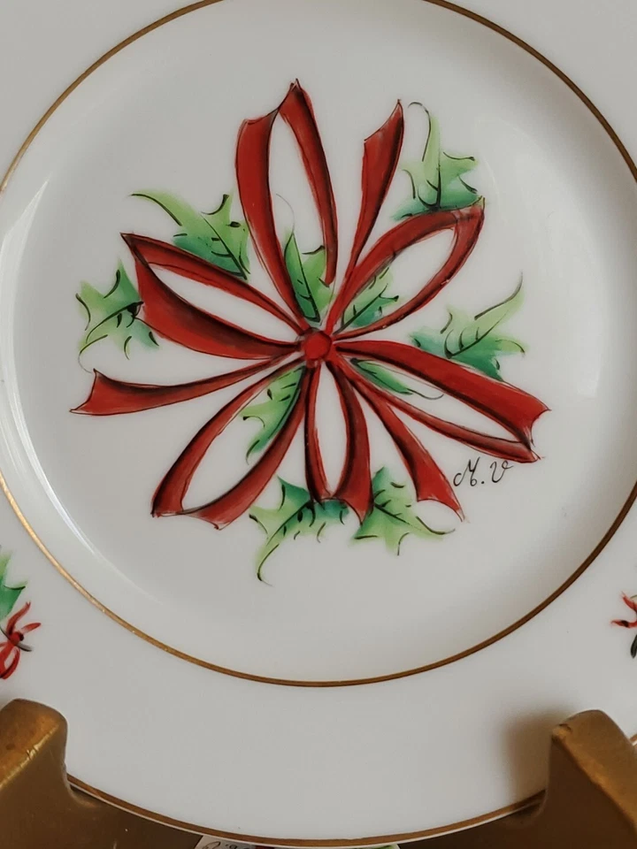 Juego de 4 platos de pan/mantequilla Limoges Francia 6" arcos de Navidad y holly firmados usados en excelente estado Foto 3 de 4