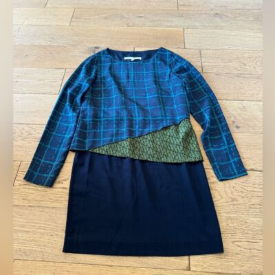 Veronica Beard Silk Mixed Media Layered Dress Teal Navy Blue Size 1 (863)