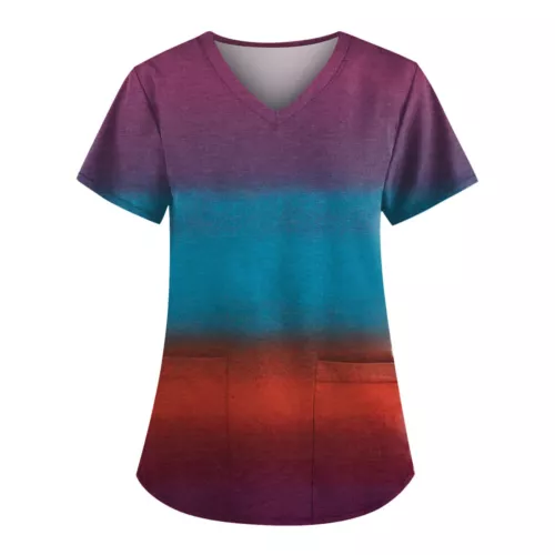 Women Printed Scrub Working Uniform V-Neck Short Sleeve Workwear Tee With Pocket - Picture 18 of 39