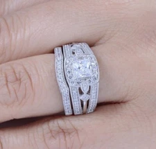 2PC Sterling Silver Princess CZ Wedding Band Engagement Rings Set Size 4-14 S77S