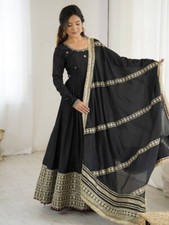 Attractive New Black Chinnon Silk Gown Bottom And Dupatta For Engagement Wear