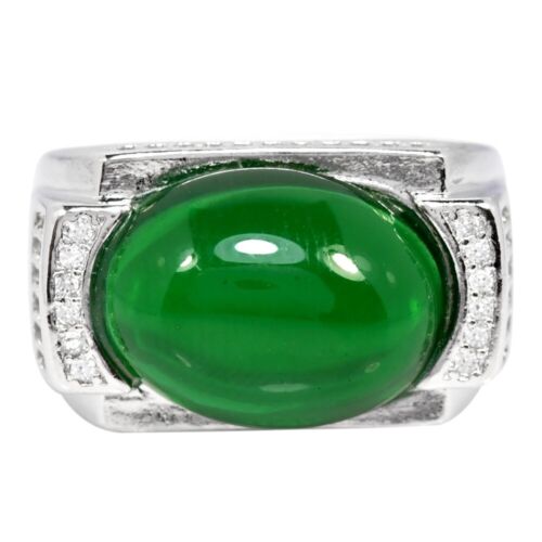 NATURAL AAA GREEN AGATE 15x12 MM. & WHITE CZ STERLING 925 SILVER RING 8-8.5 - Picture 4 of 6