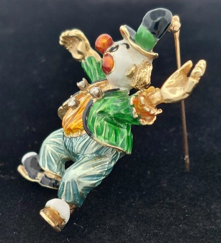 Vintage 14k Solid Yellow Gold Three Diamond Enameled Clown Brooch Signed 45x43mm - Picture 11 of 11