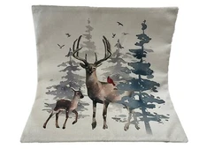 Deer Trees Nature Winter Christmas Linen Throw Pillow Cover Holiday Home Decor