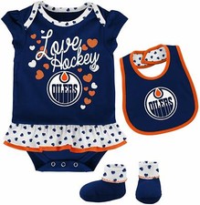 NWT - NHL OILERS Baby 3 Piece Set One Piece Bib Booties Sz 18 months