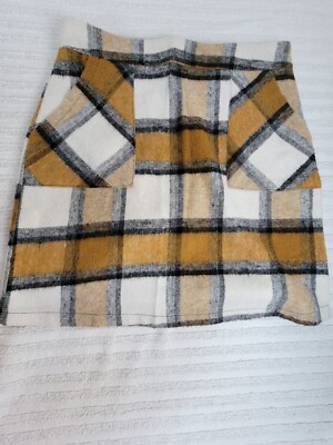 bebe Plus Womens White Mustard Checkered Plaid Mini Skirt Size Medium Zip Back