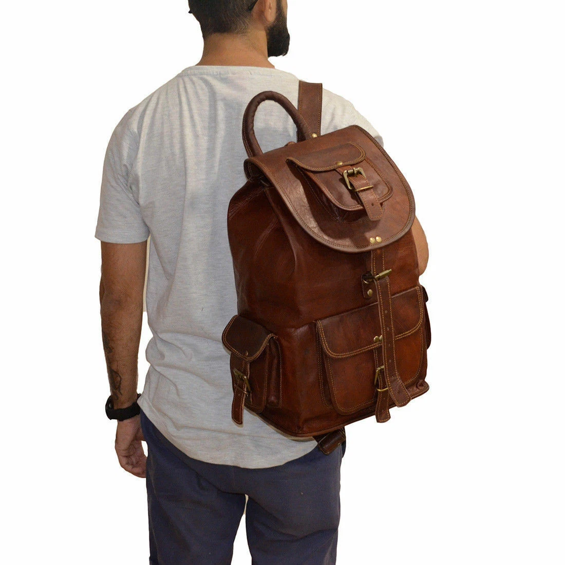 Vintage Men Leather Backpack Rucksack Laptop Satchel Bookbag Travel Shoulder Bag